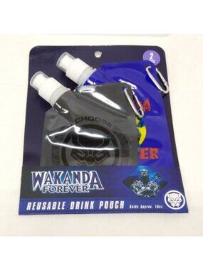 Wakanda Forever & Black Panther Reusable Drink Pouches Each Holds 10oz - NWT B/G